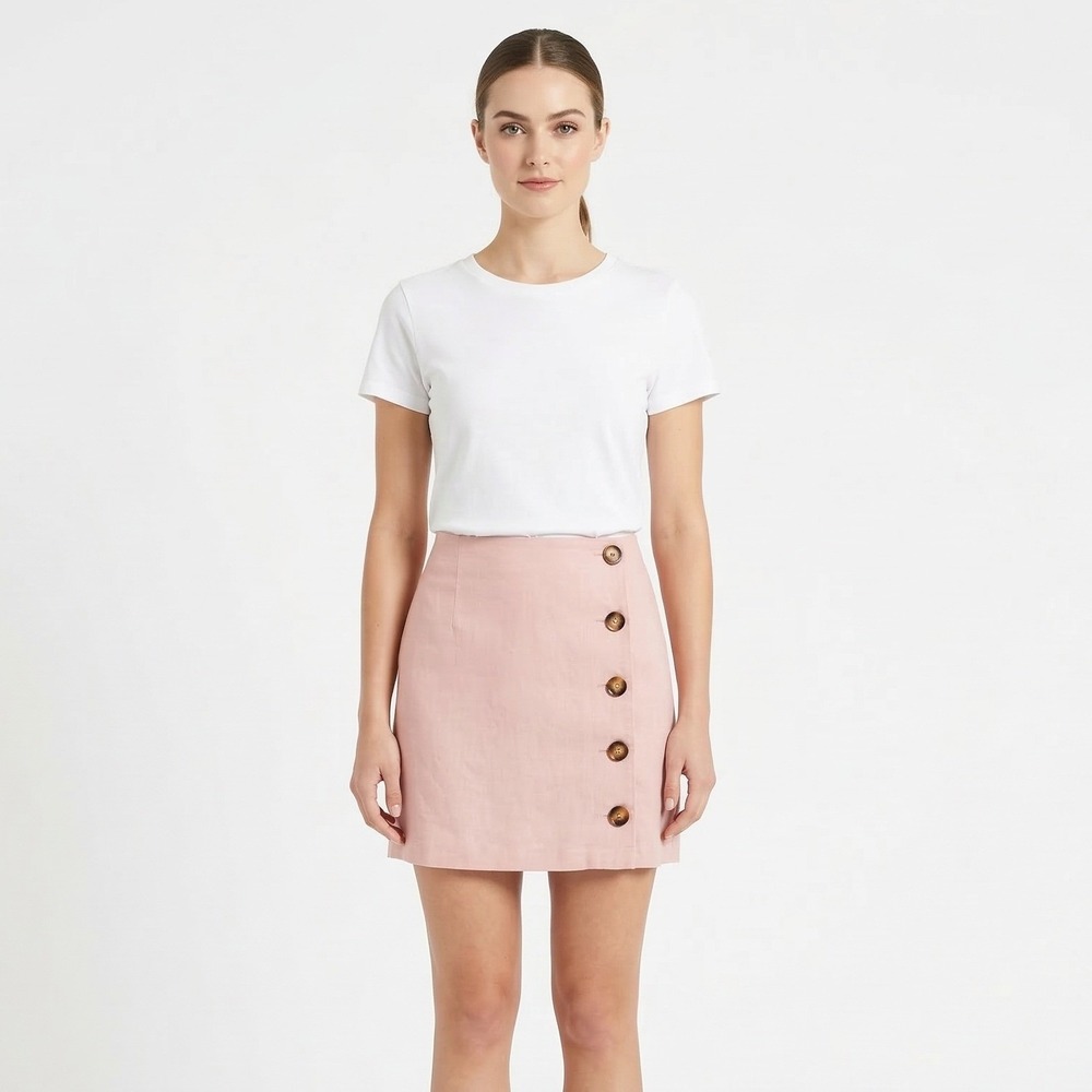 After Market‎ Women's Small Pink Linen Blend Button Front Summer Mini Skirt NWT
